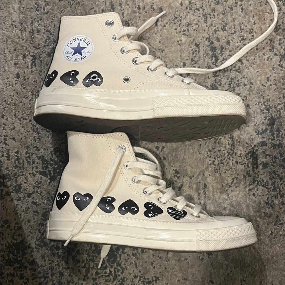 Comme des Garçon Converse Cream High-Tops with Black Heart Pattern